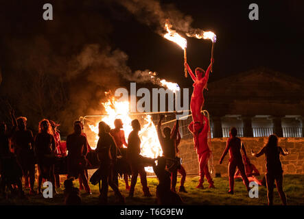 Edinburgh, Scotland, UK. 30 April, 2019. Beltane Fire Festival ushers in summer on Tuesday 30th April with a spectacular display of fire, immersive theatre, drumming, body paint, and elaborate costumes. Described by some as the medieval Burning Man, this alternative May Day celebration re-imagines the ancient Celtic festival with roughly 300 volunteer performers for thousands of spectators from all over the world on top of Calton Hill in Edinburgh . Credit: Iain Masterton/Alamy Live News Stock Photo