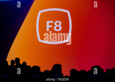 San Jose, USA. 01st May, 2019. The Facebook F8 developer conference logo can be seen at the McEnery Convention Center. Credit: Andrej Sokolow/dpa/Alamy Live News Stock Photo