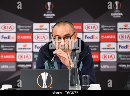Frankfurt, Germany. 1st May, 2019. Chelsea's head coach Maurizio Sarri attends a press conference for the upcoming Europa League semifinal first leg match between Eintracht Frankfurt and Chelsea FC in Frankfurt, Germany, on May 1, 2019. Credit: Kevin Voigt/Xinhua/Alamy Live News Stock Photo