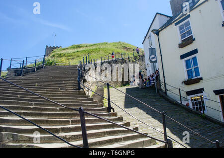 Looking up the 199 steps to Whitby Abbey Stock Photo