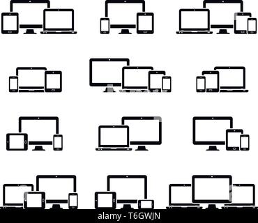 Responsive web design icons for computer monitor, smartphone, tablet and laptop. Responsive web design icons in different positions. Vector illustrati Stock Vector