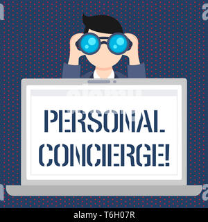 Handwriting text Personal Concierge. Conceptual photo someone who will make arrangements or run errands Man Holding and Looking into Binocular Behind  Stock Photo