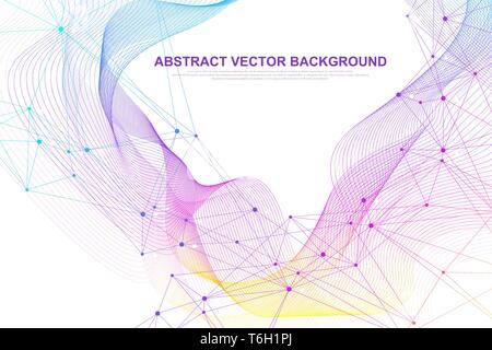Abstract plexus background with connected lines and dots. Wave flow. Plexus geometric effect Big data with compounds. Lines plexus, minimal array Stock Vector