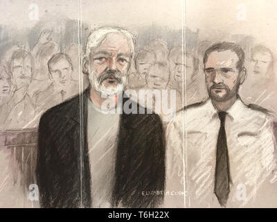 Court artist sketch by Elizabeth Cook of Julian Assange appearing at Southwark Crown Court in London for breaching his bail. Stock Photo