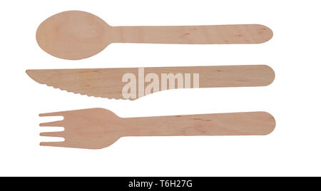 Wooden, disposable cutlery, tableware isolated on white background. Eco-friendly materials. Stock Photo