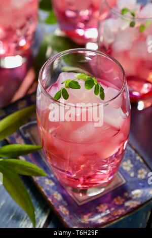 Es Nata de Coco, the Icy Dessert Drink of Coconut Jelly in Red Cocopandan Syrup Stock Photo