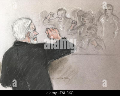 Court artist sketch by Elizabeth Cook of Julian Assange saluting his supporters as he appears before Southwark Crown Court in London for breaching his bail. Stock Photo