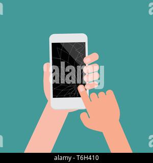 Broken smartphone with black screen and isotad green background.Crashed cell phone flat cartoon style .Hands touching phone crack concept Stock Vector