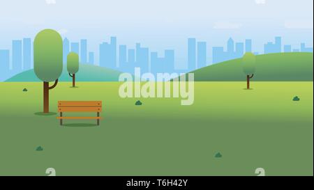 Summer scenery, city park landscape with green trees and grass, white ...