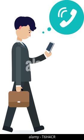 Young businessman walking with phone and call icon.Business man calling about business. Stock Vector