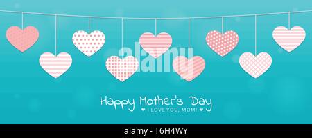 turquoise mothers day greeting card with patterned hanging hearts vector illustration EPS10 Stock Vector