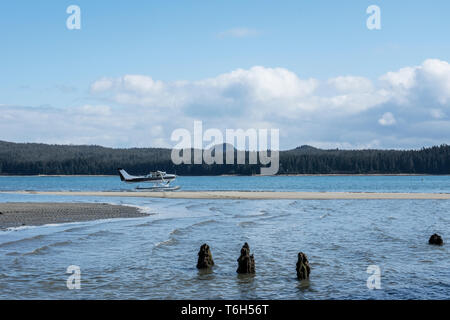 Floatplane landed on Gustavus Beach in Southeast Alaska on a sunny day. Stock Photo