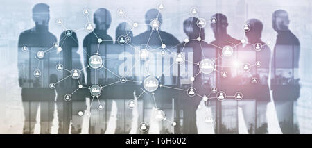 HR human resources management concept corporate organisation structure mixed media double exposure virtual screen. Website Panorama Banner. Stock Photo