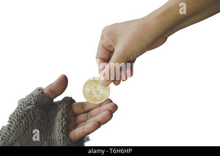 Homeless. Unhappy homeless man with black gloves is holding hand to get bit coins or help food donation from the people. Stock Photo