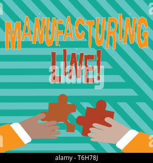 Conceptual hand writing showing Manufacturing Line. Concept meaning set of sequential operations established in a factory Hands Holding Jigsaw Puzzle  Stock Photo