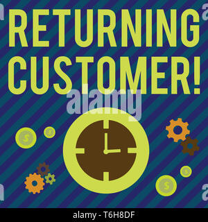 Text sign showing Returning Customer. Business photo showcasing customer returns again and again to purchase a good Time Management Icons of Clock, Co Stock Photo