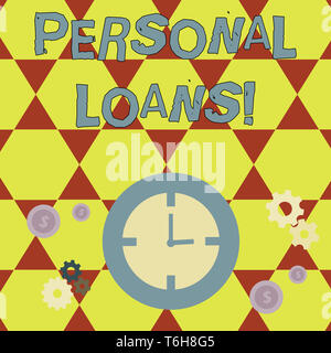 Conceptual hand writing showing Personal Loans. Concept meaning unsecured loan and helps you meet your financial needs Time Management Icons of Clock, Stock Photo