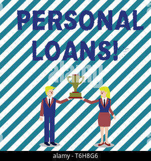 Handwriting text writing Personal Loans. Conceptual photo unsecured loan and helps you meet your financial needs Man and Woman in Business Suit Holdin Stock Photo