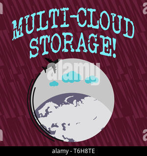 Text sign showing Multi Cloud Storage. Business photo text use of multiple cloud computing and storage services Airplane with Moving Icon Flying Aroun Stock Photo