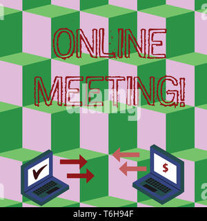 Handwriting text Online Meeting. Conceptual photo a meeting that takes place over an electronic medium Exchange Arrow Icons Between Two Laptop with Cu Stock Photo