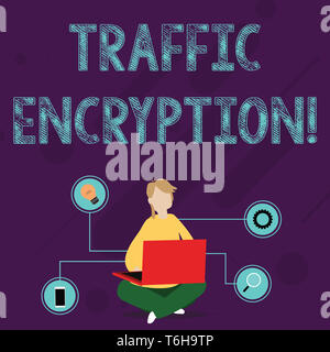 Writing note showing Traffic Encryption. Business concept for method of securing the transmission of information Woman Sitting with Crossed Legs on Fl Stock Photo