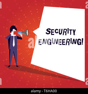 Writing note showing Security Engineering. Business concept for focus on the security aspects in the design of systems Businessman Shouting on Megapho Stock Photo