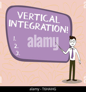 Conceptual hand writing showing Vertical Integration. Concept meaning Merger of companies at different stages of production Confident Man in Tie, Eyeg Stock Photo