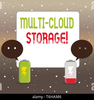 Handwriting text writing Multi Cloud Storage. Conceptual photo use of multiple cloud computing and storage services Fully Charged and Discharged Batte Stock Photo