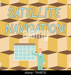 Text sign showing Satellite Navigation. Business photo text system providing autonomous geospatial positioning Businessman Smiling and Pointing to Col Stock Photo