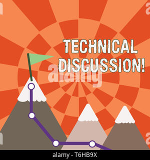 Text sign showing Technical Discussion. Business photo showcasing conversation or debate about a specific technical issue Three Mountains with Hiking  Stock Photo