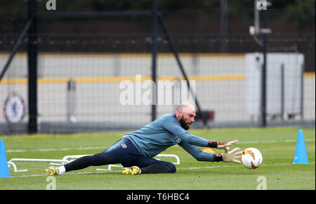 Chelsea goalkeeper Willy Caballero during the training session at Cobham Training Ground, London. Stock Photo