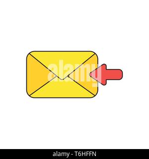 Vector icon concept of receive message or email with envelope and red arrow moving left. Black outlines and colored. Stock Vector