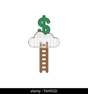 Vector icon concept of reach green dollar symbol on cloud with wooden ladder. Black outlines and colored. Stock Vector
