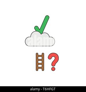 Vector icon concept of reach green check mark on cloud with short wooden ladder with red question mark. Black outlines and colored. Stock Vector