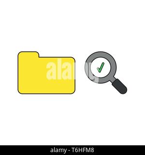 Vector icon concept of yellow closed folder and magnifying glass with green check mark. Black outlines and colored. Stock Vector
