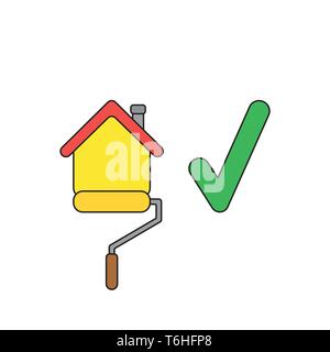Vector icon concept of yellow roller paint brush painting house with green check mark. Black outlines and colored. Stock Vector