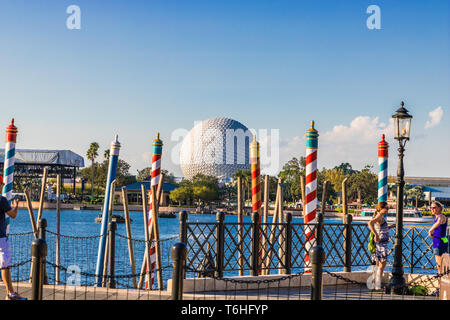 Walt Disney World's Epcot theme park features a World Showcase with numerous countries featured as well as its signature Epcot Ball Stock Photo