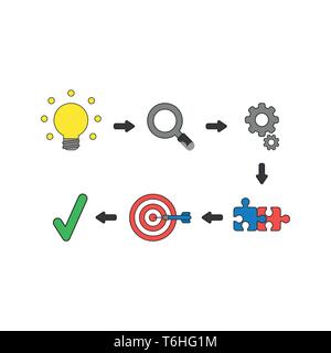 Vector icon concept of success with glowing light bulb idea, magnifying glass, gears, connected jigsaw puzzle pieces, bulls eye and dart in the center Stock Vector