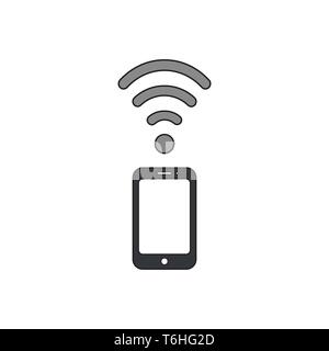 Vector icon concept of use smartphone as modem, black smartphone with grey wifi wireless symbol. Black outlines and colored. Stock Vector