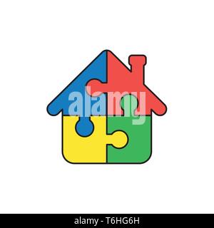 Vector icon concept of house shape blue, red, yellow and green puzzle pieces connected. Stock Vector