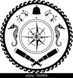 Nautical circle black and white poster. Cartoon style. Compass rose, Bell, telescope, crab, sea horse. Stock Vector