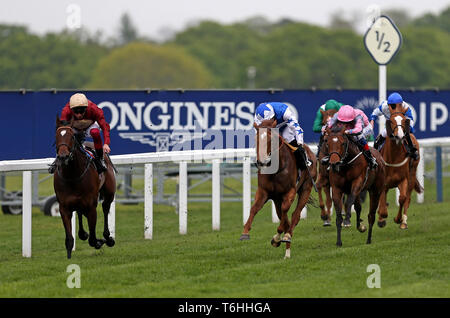 Muchly ridden by jockey Frankie Dettori (left) goes onto win the Naas Racecourse Royal Ascot Trials Day British EBF Fillies' Conditions Stakes during Royal Ascot Trials Day at Ascot Racecourse. Stock Photo