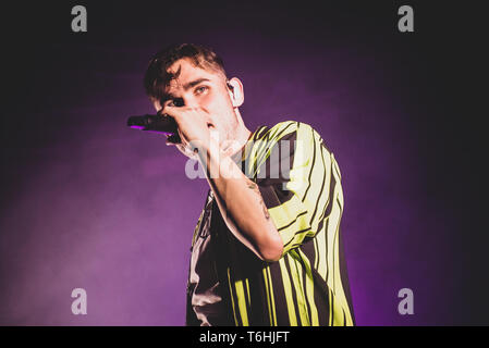 The British singer/songwriter Moss Kena performing live on stage at the “Fabrique” Club in Milan, opening for the Rita Ora’s “Phoenix World Tour” 2019 Stock Photo