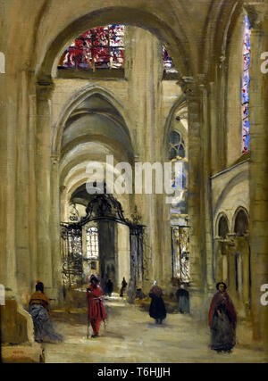 Vue de l'intérieur de la cathédrale de Sens - View of the interior of Sens Cathedral by Jean Baptiste Camille Corot ,1796-1875, France, French. Stock Photo