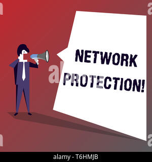 Conceptual hand writing showing Network Protection. Concept meaning protect the usability and integrity of the network Businessman Shouting on Megapho Stock Photo