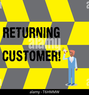 Text sign showing Returning Customer. Business photo text customer returns again and again to purchase a good Businessman Looking Up, Holding and Talk Stock Photo
