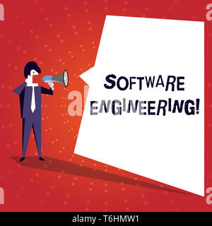 Writing note showing Software Engineering. Business concept for apply engineering to the development of software Businessman Shouting on Megaphone and Stock Photo