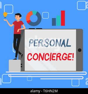 Handwriting text Personal Concierge. Conceptual photo someone who will make arrangements or run errands Man Leaning on Blank Smartphone Turned on Its  Stock Photo