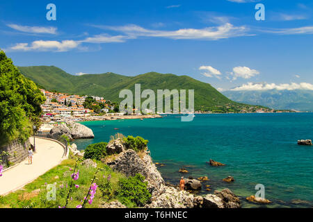 The picturesque city Herceg Novi, Montenegro, in the mountains, on the shore of Kotor ay. Scenic summer resort landscape, spring in Crna Gora Stock Photo