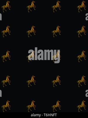 Pattern background made from figure of a brassy horse in stand up position over the black background - Image Stock Photo
